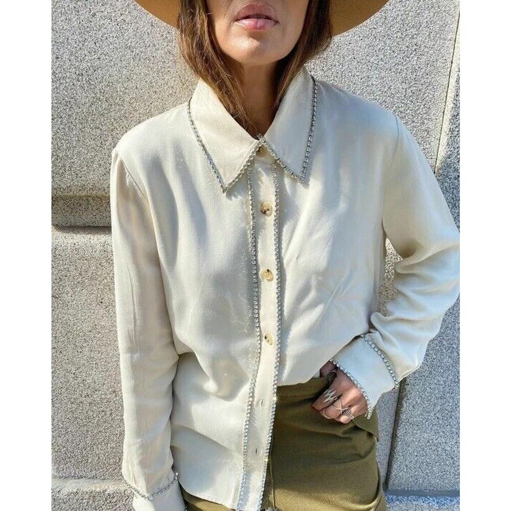 Zara Cream Beaded-Trim Button-Up Blouse